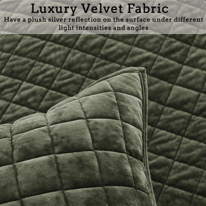 Quilt Set Oversized King Size 120X120 Luxurious Velvet Bedding Sets with 2 Pillow Shams 20X36 3 Pieces Ultra Soft Quilted Bedspread Coverlet Comforter for All Season,Army Green