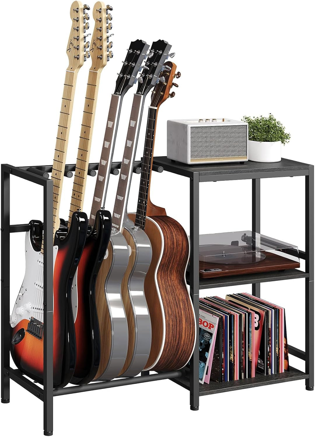 Guitar Stand, Guitar Holder for 4-5 String Instruments, Suitable for Acoustic Guitar, Bass, Guitar Rack with Side Shelves for Record Player, with Non-Slip Rubber Pads, Black GSBK9501
