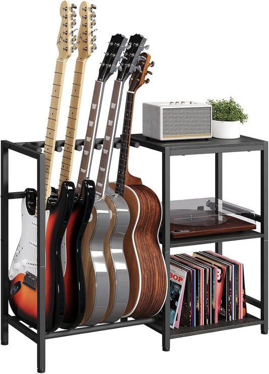 Guitar Stand, Guitar Holder for 4-5 String Instruments, Suitable for Acoustic Guitar, Bass, Guitar Rack with Side Shelves for Record Player, with Non-Slip Rubber Pads, Black GSBK9501
