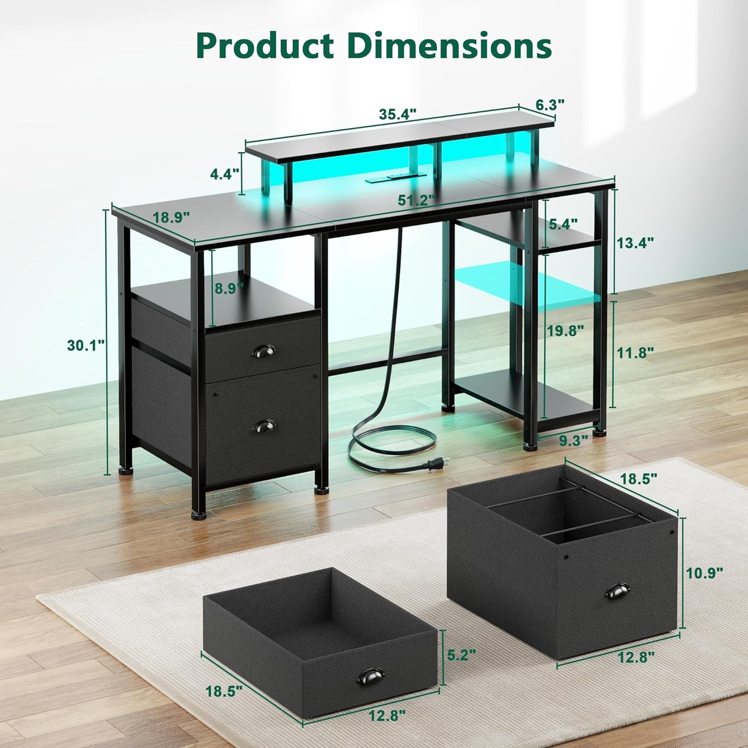 51" Gaming Desk with Power Outlets & LED Lights, Reversible Computer Desk with File Cabinet & Monitor Stand for Home Office, Large Work Table with Storage Shelves & Drawer, Black