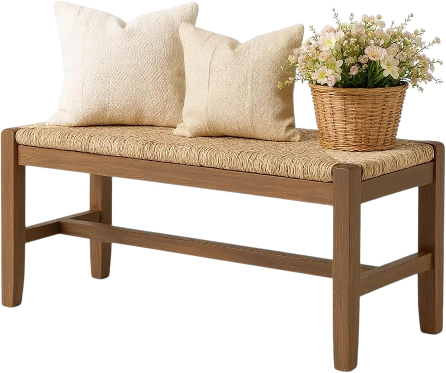 Newport 40 Inch Solid Wood Entryway Bench - Modern Farmhouse Indoor Decorative Bench with Natural Seagrass Rush Seat - Furniture for Entryway, Dining Room, or Kitchen (Natural)