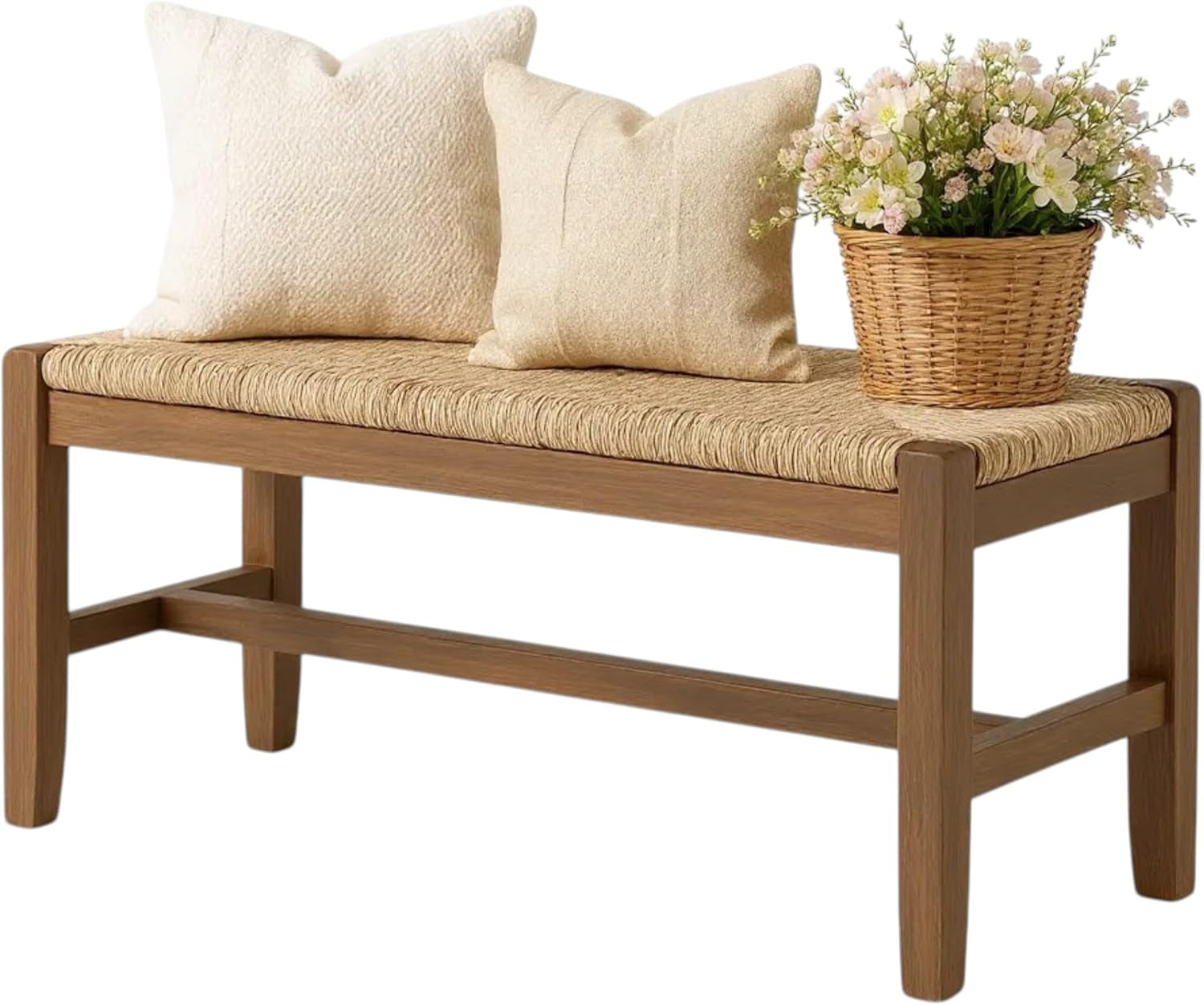 Newport 40 Inch Solid Wood Entryway Bench - Modern Farmhouse Indoor Decorative Bench with Natural Seagrass Rush Seat - Furniture for Entryway, Dining Room, or Kitchen (Natural)