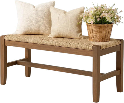 Newport 40 Inch Solid Wood Entryway Bench - Modern Farmhouse Indoor Decorative Bench with Natural Seagrass Rush Seat - Furniture for Entryway, Dining Room, or Kitchen (Natural)