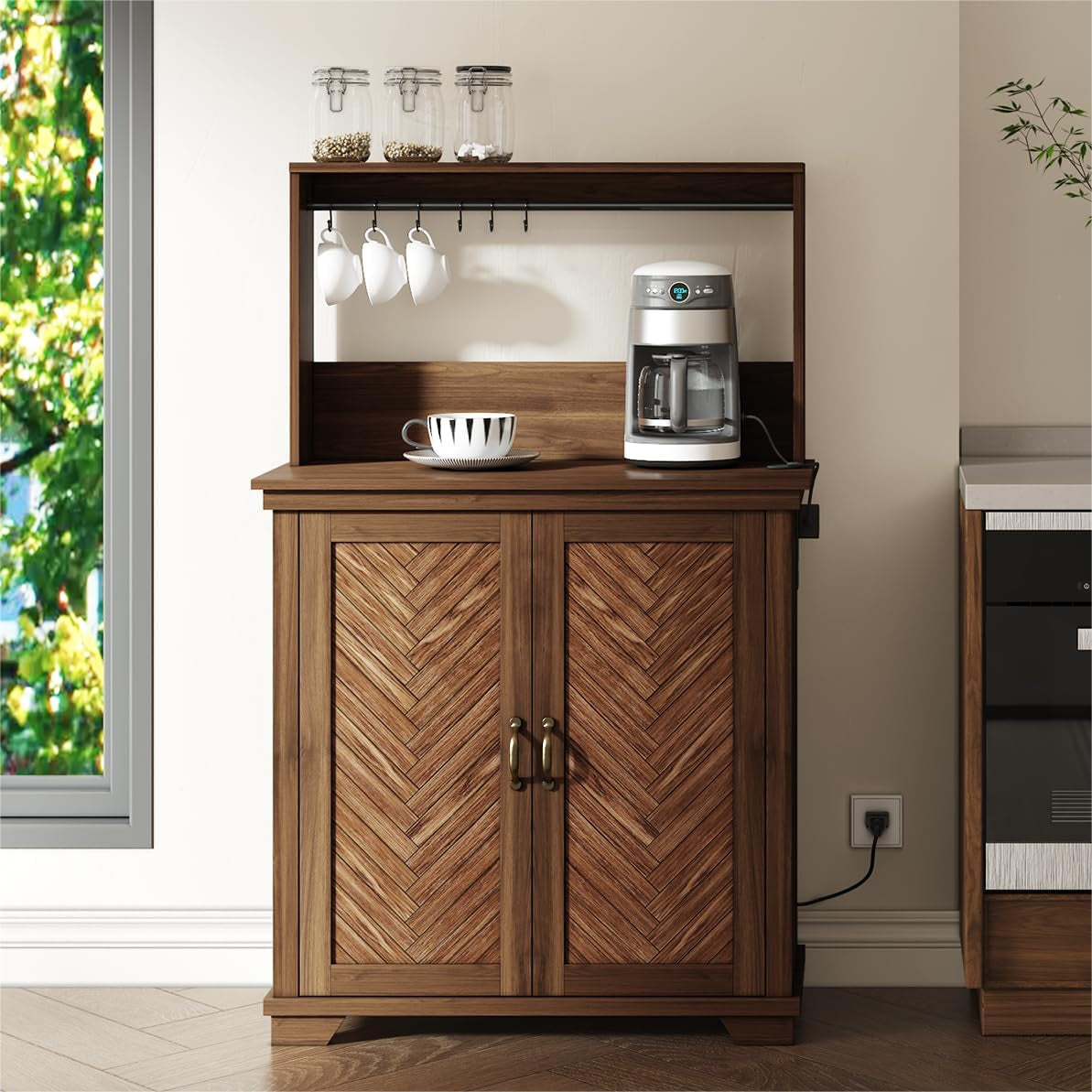 Farmhouse Coffee Bar Cabinet with Storage,31.5" Kitchen Cabinet with Hooks and Charging Station,Coffee Station with Adjustable Shelf and Hutch,Sideboard for Living Dining Room