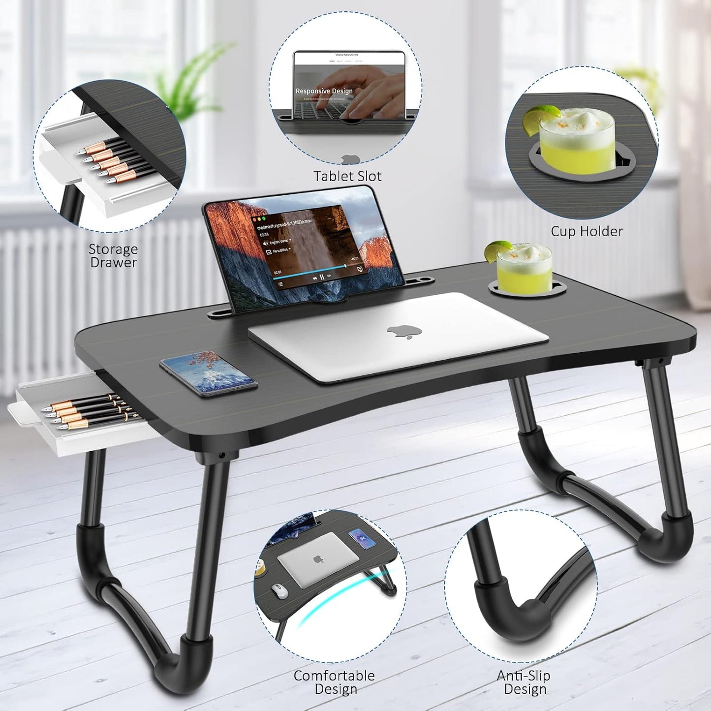 Foldable Laptop Bed Table Multi-Function Lap Serving Tray Dining Table with Storage Drawer and Water Bottle Holder, Slot for Eating, Working on Couch/Sofa (Arc Shape)