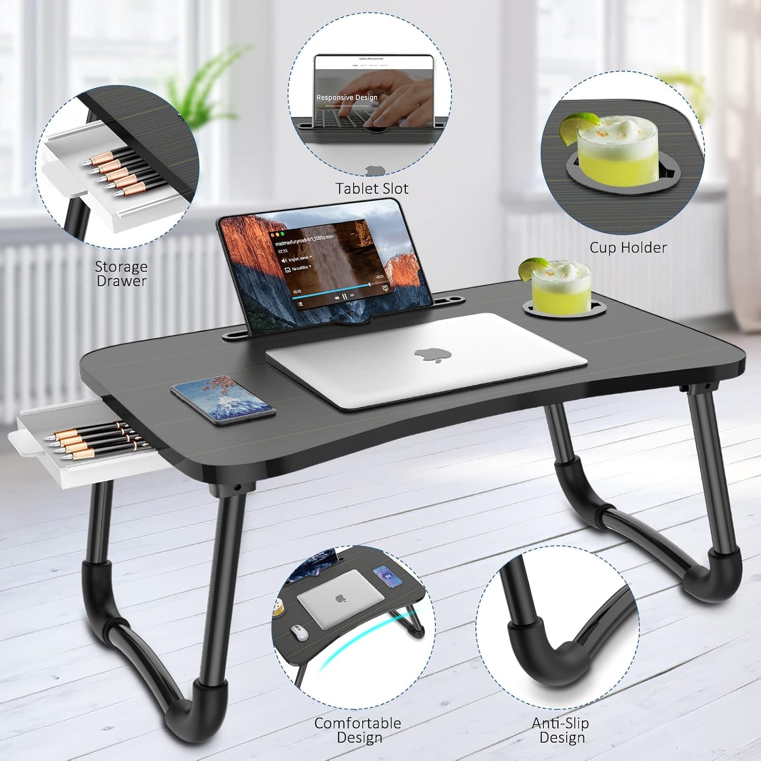 Foldable Laptop Bed Table Multi-Function Lap Serving Tray Dining Table with Storage Drawer and Water Bottle Holder, Slot for Eating, Working on Couch/Sofa (Arc Shape)