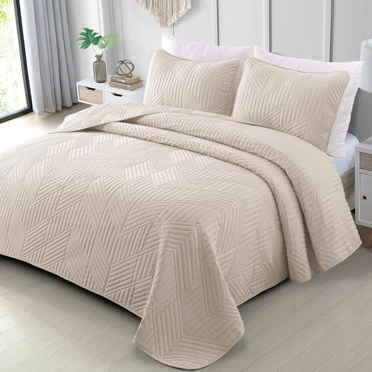 Ultrasonic King Quilt Bedding Set, Lightweight Brich Beige Bedspreads Soft Modern Geometric Coverlet Set for All Seasons (1 Quilt and 2 Pillow Shams)