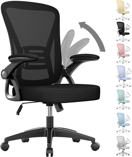 Ergonomic Office Chair, Mid Back Desk Chairs with Adjustable Height, Swivel Chair with Flip-Up Arms and Lumbar Support, Breathable Mesh Computer Chair for Home/Study/Working, Dark Black
