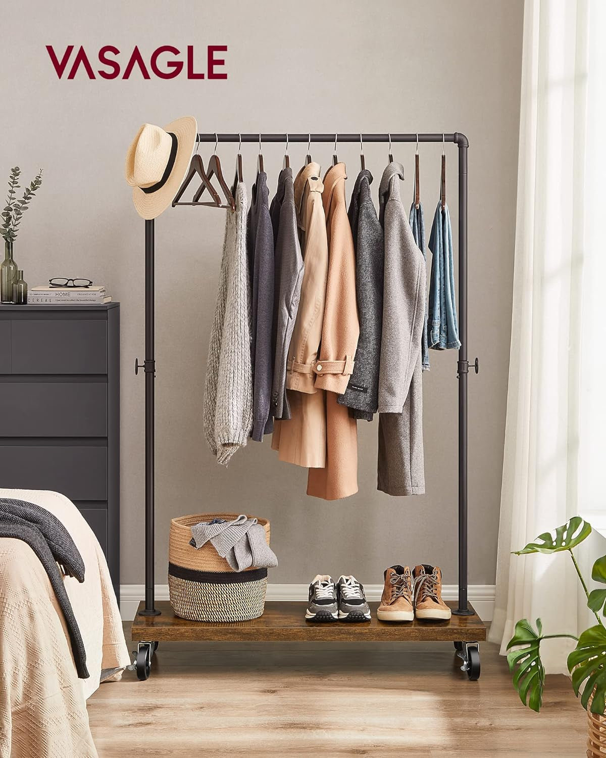 Clothes Rack, Heavy Duty Clothing Rack, Industrial Pipe Style Rolling Garment Rack with Shelf, for Bedroom, Laundry Room, Retail Store, Rustic Brown and Black UHSR65BX