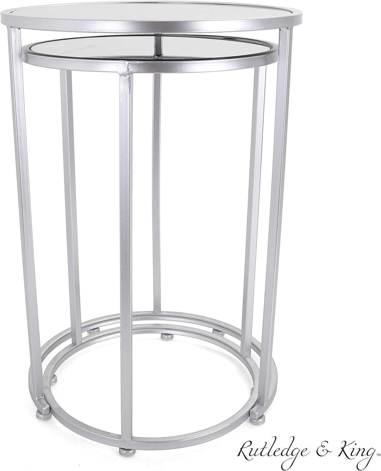 round End Table Set - Silver End Tables with Mirrored Tops - Nesting round Accent Tables - Silver and Mirrored Metal Side Tables Odessa End Table Set
