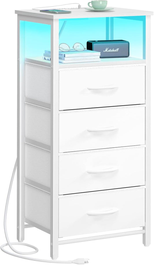 Night Stand - LED White Nightstand with Charging Station, Bedside Table with 4 Storage Drawers and Storage Shelf, End Table with USB Ports and Outlets, Tall Dresser for Bedroom