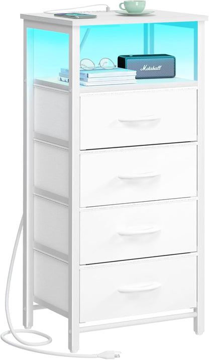 Night Stand - LED White Nightstand with Charging Station, Bedside Table with 4 Storage Drawers and Storage Shelf, End Table with USB Ports and Outlets, Tall Dresser for Bedroom