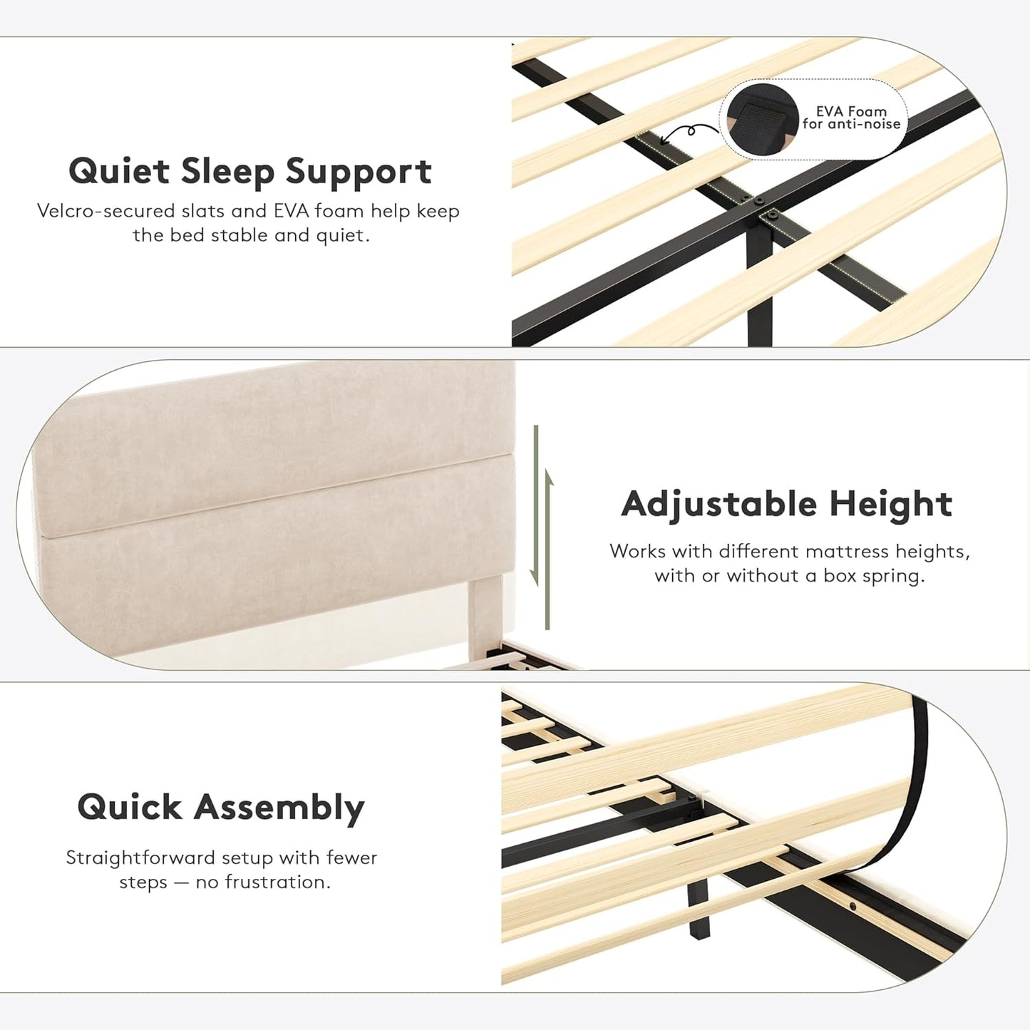 Queen Size Platform Bed Frame with Velvet Headboard, Adjustable Height Wooden Slats Support, Upholstered Mattress Foundation, Fits Mattress or Mattress with Box Spring, Easy Assembly, Beige