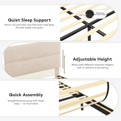 Queen Size Platform Bed Frame with Velvet Headboard, Adjustable Height Wooden Slats Support, Upholstered Mattress Foundation, Fits Mattress or Mattress with Box Spring, Easy Assembly, Beige