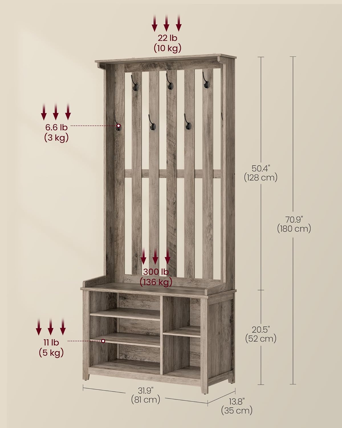 Hall Tree with Bench and Shoe Storage, Coat Rack with Shoe Bench, 7 Double Hooks for Jackets, Hats, Entryway, Bedroom, Living Room, 13.8 X 31.9 X 70.9 Inches, Rustic White UHSR414W01
