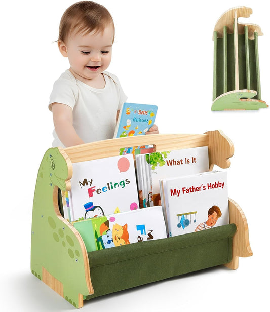 Toddler Bookshelf Double-Sided with 4 Tier Deep Sleeves Kids Wooden Montessori Book Rack for Baby Nursery Room, Playroom, Classroom or Bedroom Bookcase Storage Organizer, Green Dinosaur