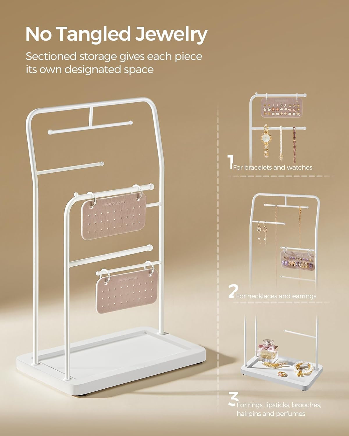 Jewelry Stand, Jewelry Organizer, Jewelry Display Holder with Metal Frame, 2 Earring Boards, 6 Hanging Rods, Necklace Earring Bracelet Holder, for Rings, Cloud White UJJS024W01