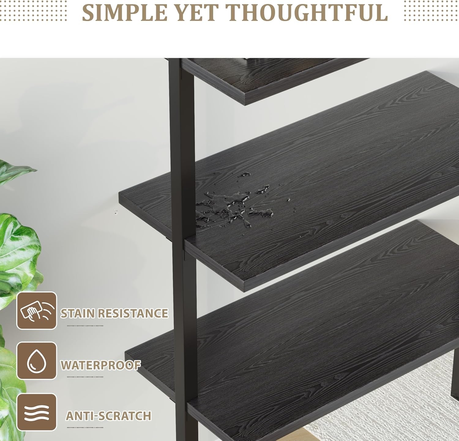 5-Tier Bookshelf, Wall Mount Ladder Shelf with Wood Board and Industrial Metal Frame, for Home Office, Living Room, Bedroom, Entryway and Hallway, (1, Black)