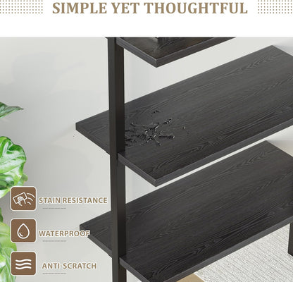 5-Tier Bookshelf, Wall Mount Ladder Shelf with Wood Board and Industrial Metal Frame, for Home Office, Living Room, Bedroom, Entryway and Hallway, (1, Black)