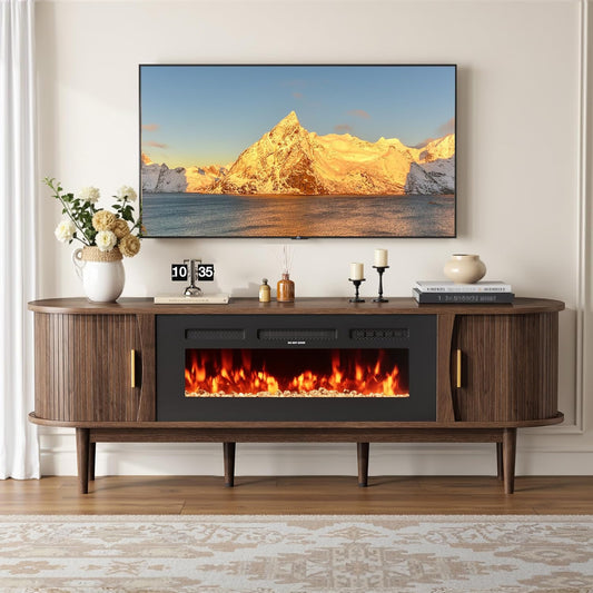 70″ Fluted Fireplace TV Stand for 80″ Tvs, Remote & Touch Control Adjustable Flame Colors & Temperature, Entertainment Center with Storage, Modern Media TV Console Table for Living Room(Walnut)