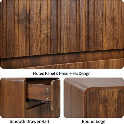 Brown mid century two drawer dresser nightstand with curved profile, view 4
