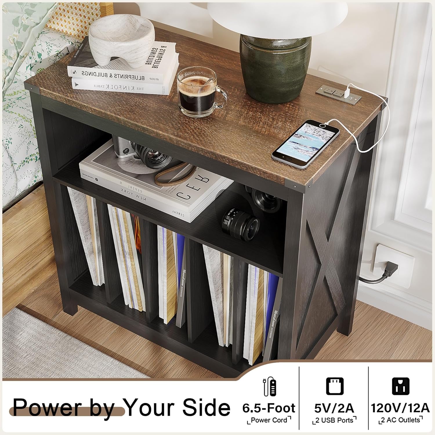 Large Record Player Stand with Charging Station & LED Light, Vinyl Record Holder Hold up to 300 Albums, Farmhouse End Table for Bedroom, Living Room, Black