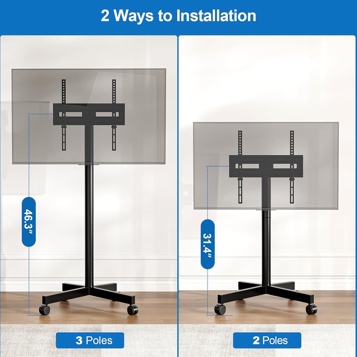 Mobile TV Cart Rolling TV Stand for 23-65 Inch LCD LED OLED 4K Smart Tvs up to 110Lbs, Height Adjustable Portable AV Cart with Wheels and Tilt Mount, Outdoor TV Stand Mount, Max VESA 400X400Mm