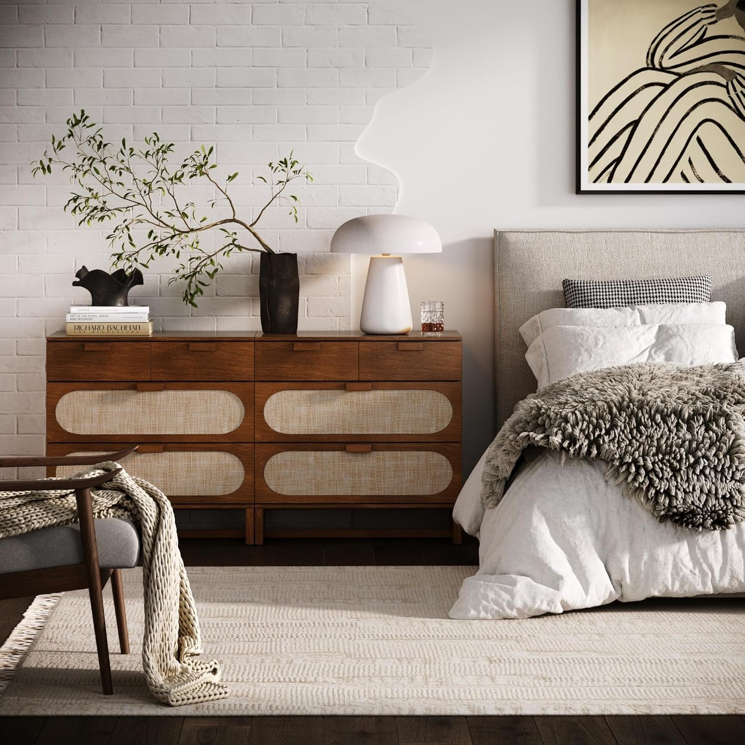 Paxton Mid-Century Modern Dresser for Bedroom, 3-Drawer Dresser with Solid Wood Frame and Textilene Rattan Accent, Dark Walnut