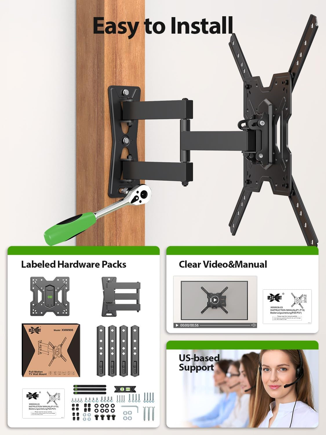 UL Listed Full Motion TV Mount, Swivel Articulating Tilt TV Wall Mount for 26-65 Inch LED, 4K, Wall Mount Bracket with VESA 400X400Mm up to 77Lbs, Perfect Center Design -XMM006-1