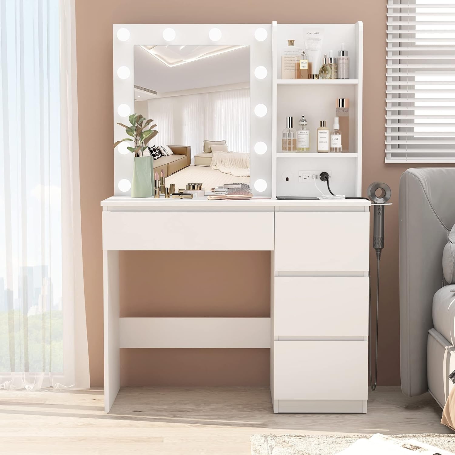 Makeup Vanity with Lights, 37Inch Vanity Desk with Power Strip, 4 Drawers Makeup Table with Lighted Mirror, 3 Lighting Colors, White