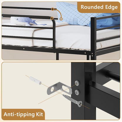 Bunk Bed Twin over Twin, Metal Twin Size Bed Frame with Safety Guardraild for Boys Girls, Junior, Low Profile Space Saving Design, Mattress Not Included (Silver)