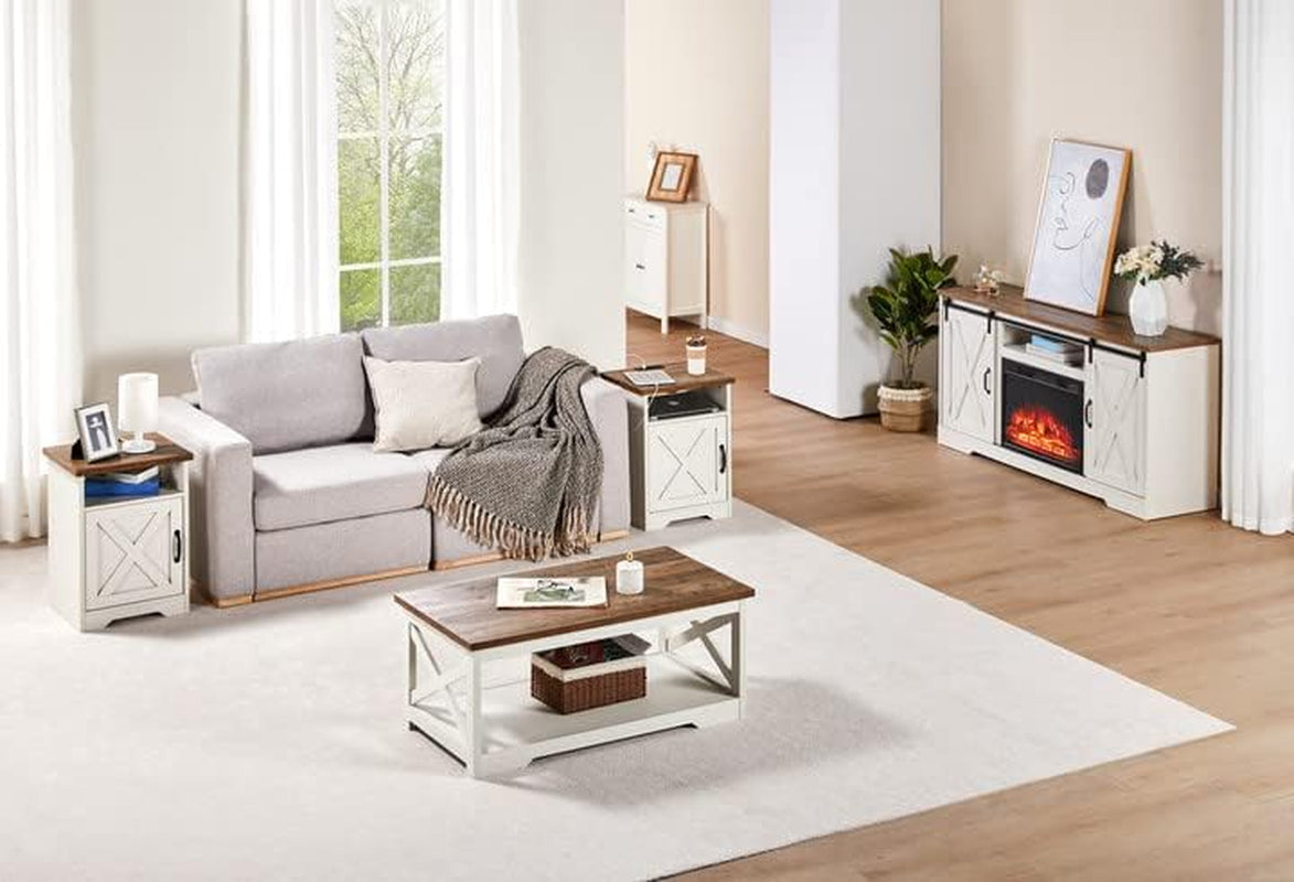 5-Piece Farmhouse Table Set Includes Fireplace TV Stand, Coffee Table& Two End Tables with Charging Station and USB Ports, for Living Room, Distressed White, 59"
