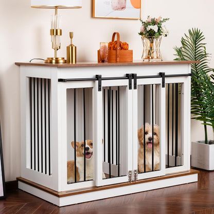 Dog Crate Furniture with Divider,Wooden Dog Kennel End Table,Large Breed Dog House Indoor for One Large Dog or Two Small Dogs,Double Doors,47''W*24''D*35''H,White
