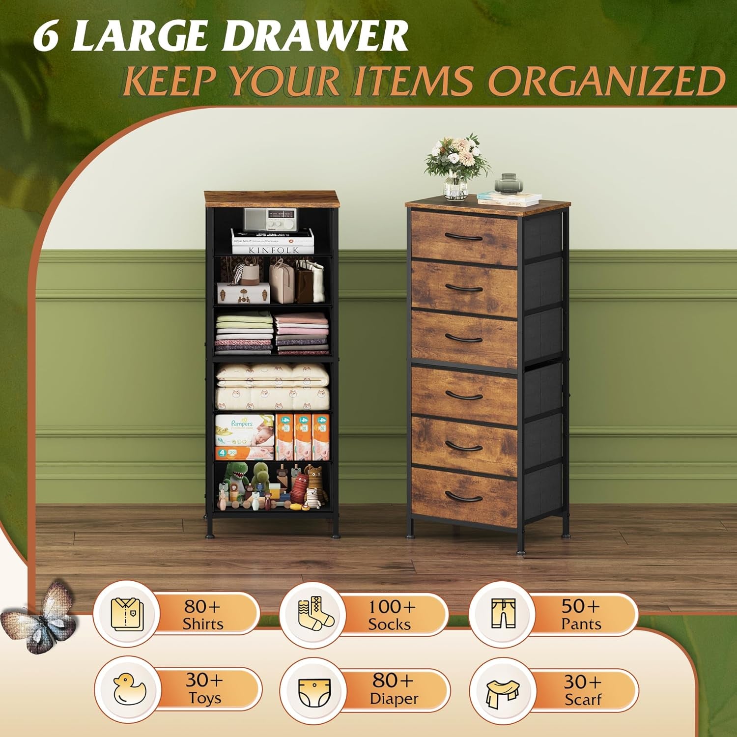 Tall Dresser for Bedroom, 6 Drawer Dressers & Chests of Drawers, Fabric Dresser for Closet, Night Stand with Metal Frame, Storage Tower with Fabric Bins, Wood Top, Rustic Brown Wood Grain Print