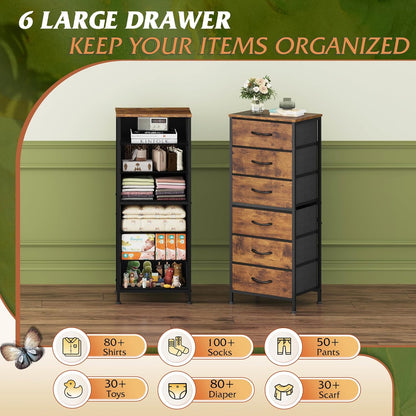 Tall Dresser for Bedroom, 6 Drawer Dressers & Chests of Drawers, Fabric Dresser for Closet, Night Stand with Metal Frame, Storage Tower with Fabric Bins, Wood Top, Rustic Brown Wood Grain Print
