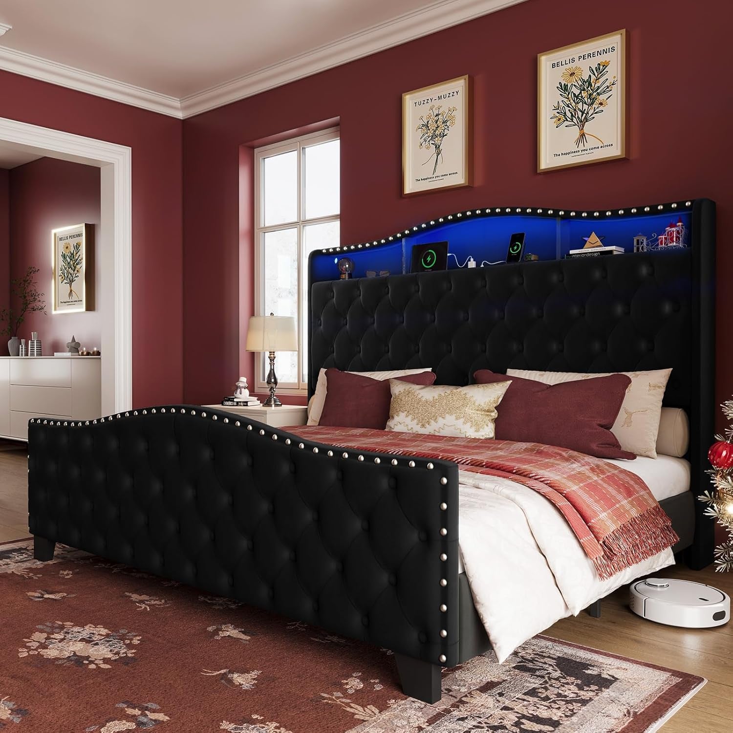 King Size Bed Frame and Headboard, 50.9" Velvet Upholstered Wingback Bedframe with LED Lights & Storage/Charging Station, Button Tufted Tall Footboard, No Box Spring Needed, Noise-Free, Black