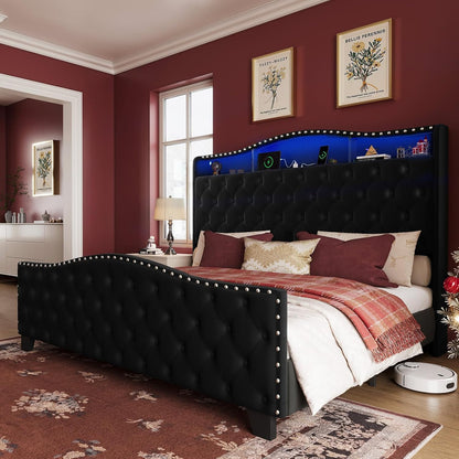 King Size Bed Frame and Headboard, 50.9" Velvet Upholstered Wingback Bedframe with LED Lights & Storage/Charging Station, Button Tufted Tall Footboard, No Box Spring Needed, Noise-Free, Black