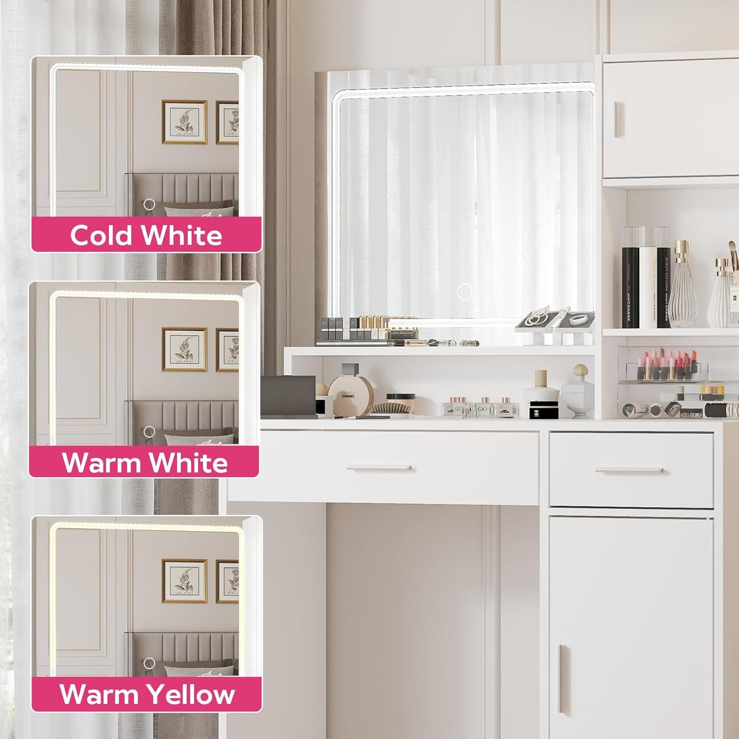 Vanity Desk with Mirror and LED Light Strip,Dressing Table with Large Drawer, 3 Level Storage Dresser & 3 Lighting Modes Adjustable Brightness, Suitable for Bedroom