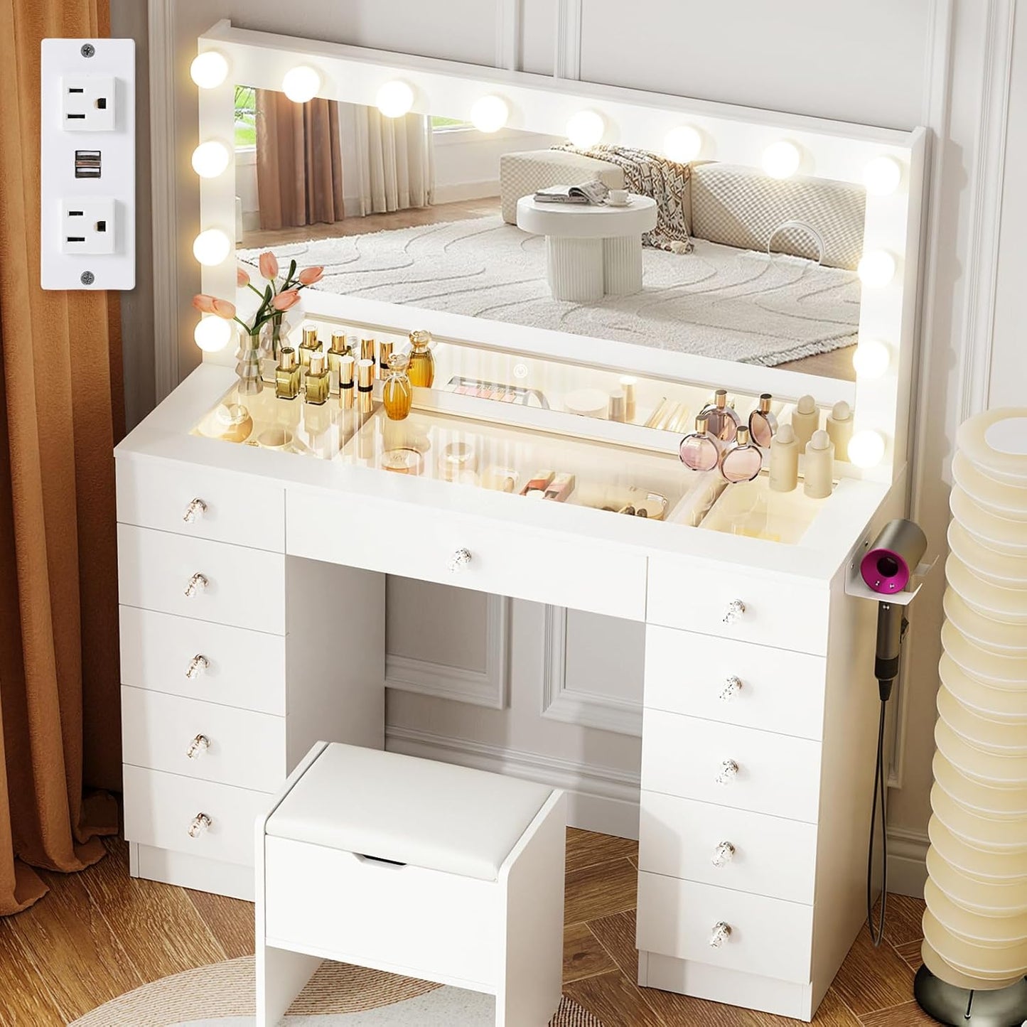 Vanity with Lighted Mirror - Makeup Vanity Desk with Glass Top and 11 Drawers, 3 Color Lighting Modes Adjustable Brightness, 46" Vanity Table with Soft Cushioned Stool for Bedroom, White