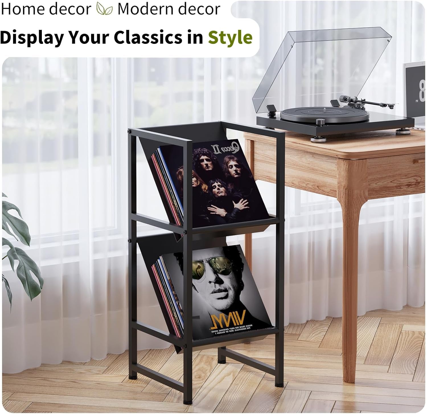 Conceptual Design Vinyl Record Storage, 2 Tier Black Metal Record Holder, Stylish Storage Solution for Your Collection