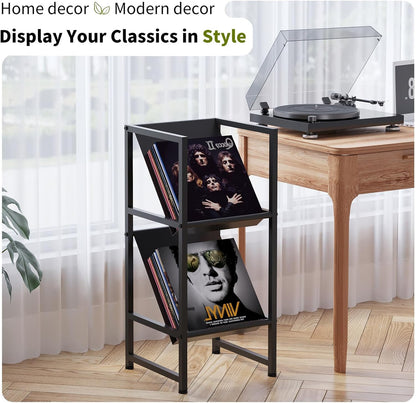 Conceptual Design Vinyl Record Storage, 2 Tier Black Metal Record Holder, Stylish Storage Solution for Your Collection