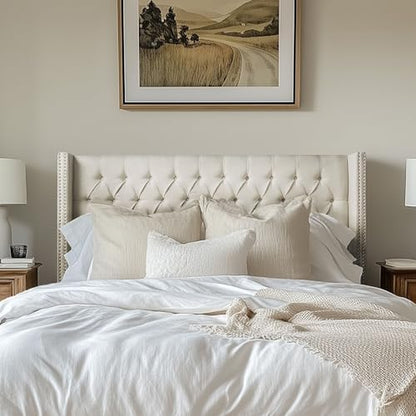 Amelia Upholstered Headboard | Nail Head Trim Wingback Button Tufted | Queen, Cream