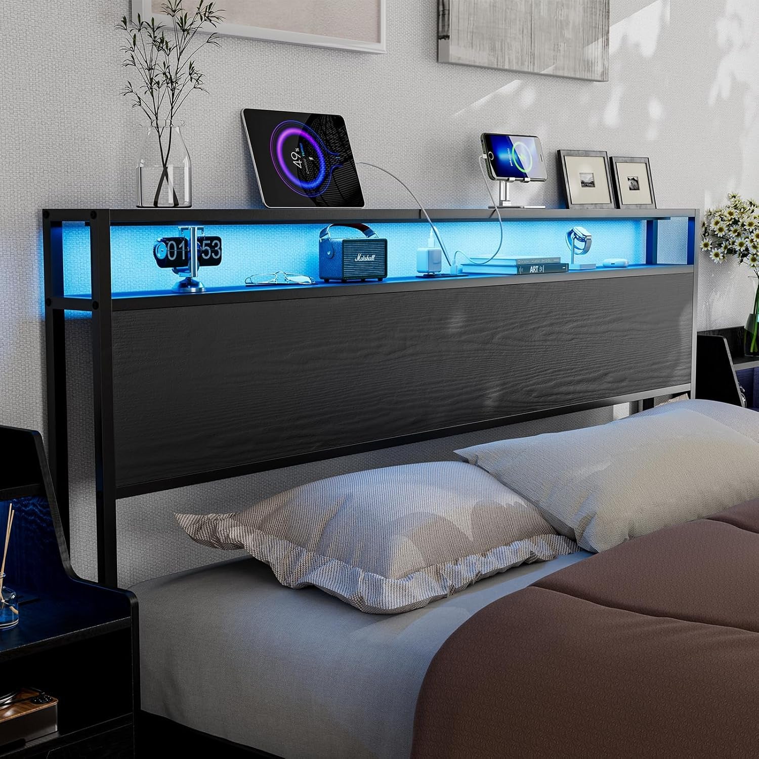 King Size Storage Headboard with LED Lights & Charging Station - Industrial Metal and Wood King Headboard Only for Bedroom, Attach Frame, Easy Assembly - Black