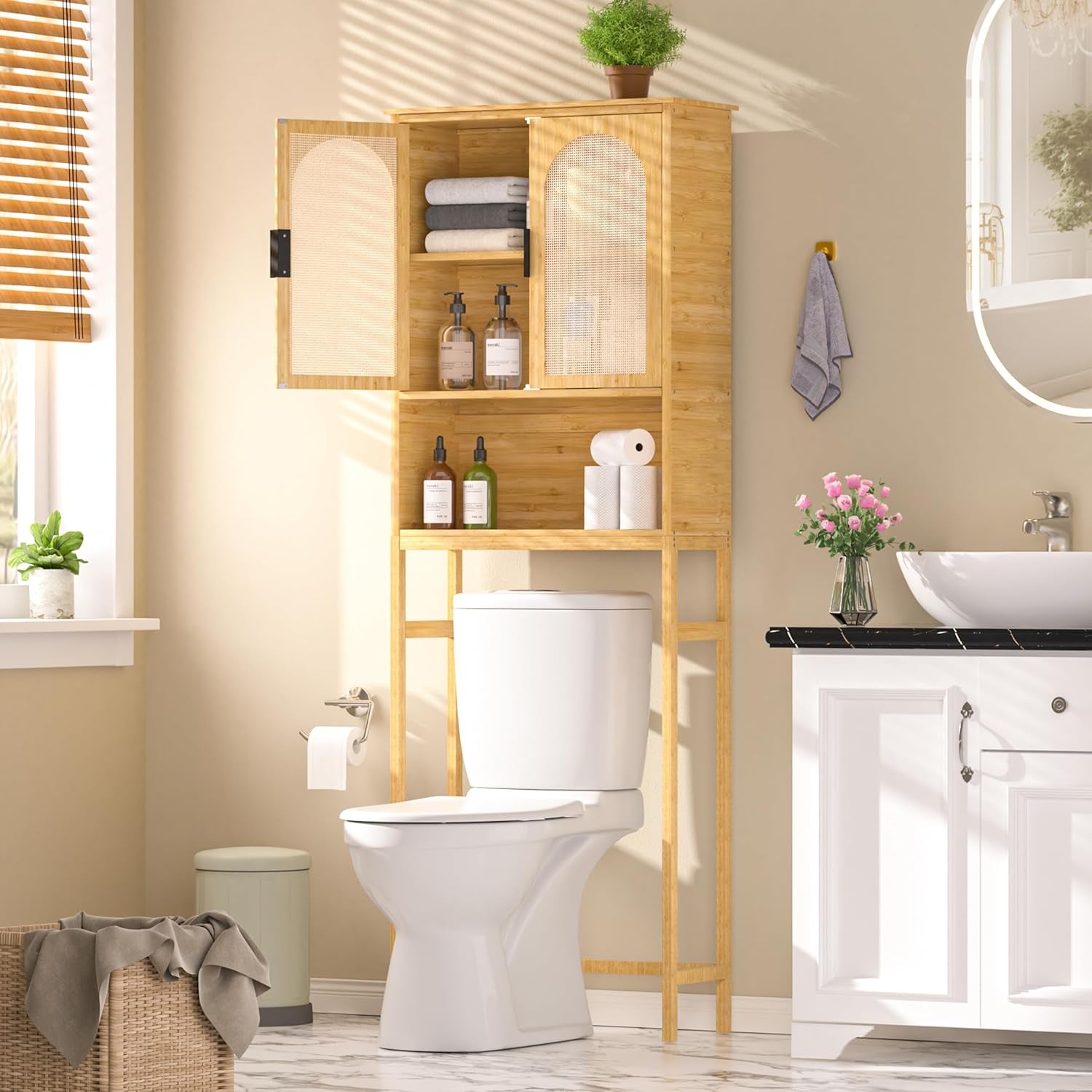 Bamboo over the Toilet Storage Cabinet, Bathroom Organizers and Storage with Inverted U-Shaped Door & Anti-Tip Device, Space Saver, Natural