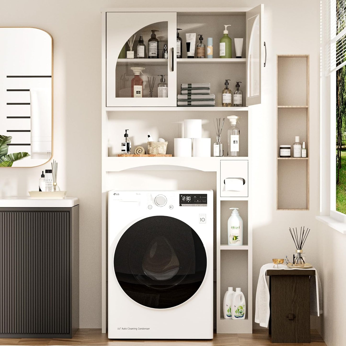 over the Toilet Storage Cabinet, over Toilet Bathroom Organizers with Adjustable Shelf and Glass Doors, Bathroom Space Saver above Washer with Anti-Tip Device, White