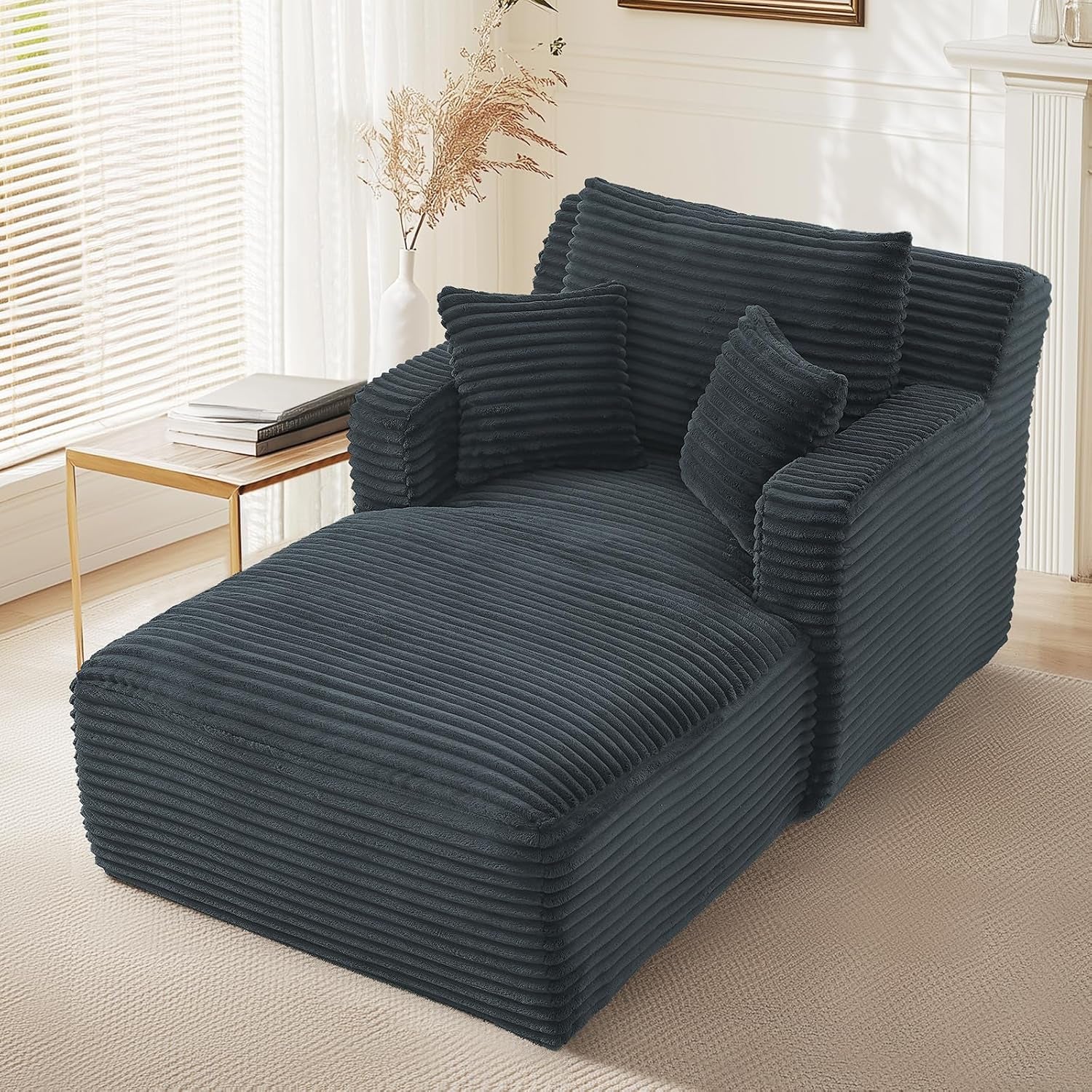 65.4" Chaise Lounge Chair Indoor, Oversized Boneless Couch Comfy Upholstered Sleeper Sofa Bed with 3 Pillows, Corduroy Cloud Reading Chair for Living Room No Assembly Required, Pink