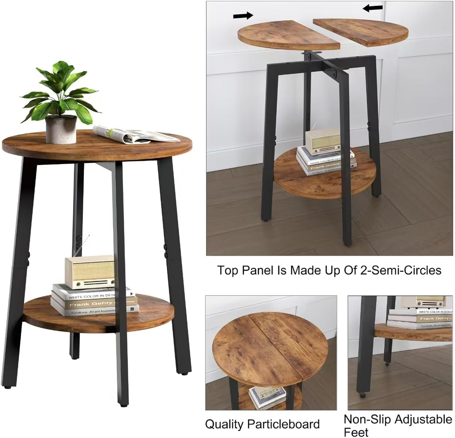 Side Table Set of 2, Small round End Table with Storage Shelf for Small Space, 2-Tier Bedside Table Sofa Couch Table, Nighstands Set of 2 Accent Table for Living Room, Bedroom, Rustic Brown