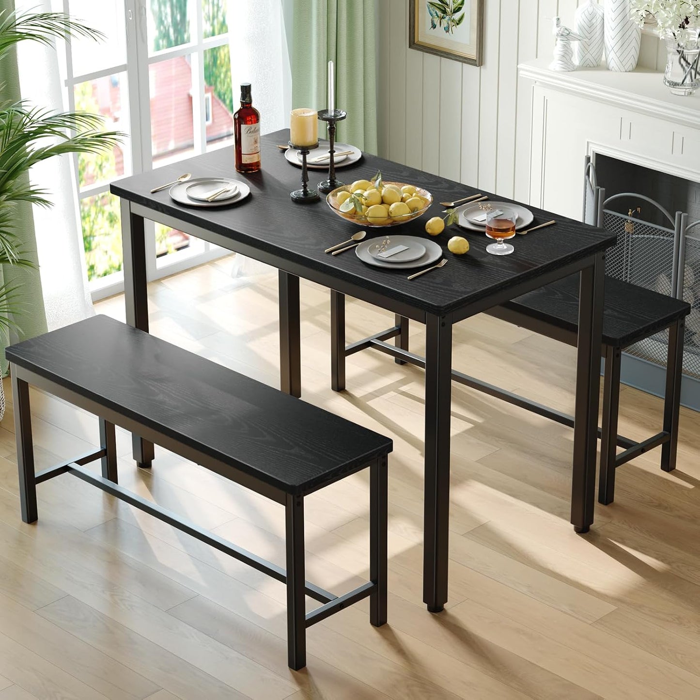 Dining Table Set for 4, 3-Piece Kitchen Table with 2 Benches, Space-Saving Dining Room Set for Breakfast Nook and Small Spaces, Black