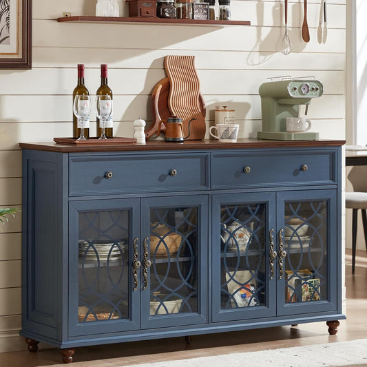 Farmhouse Sideboard Buffet Cabinet with Storage,59" Large Credenza with 4 Glass Doors & 2 Drawers,Adjustable Shelves Console Table,Wood Kitchen Coffee Bar for Dining Room,Living Room,Navy Blue