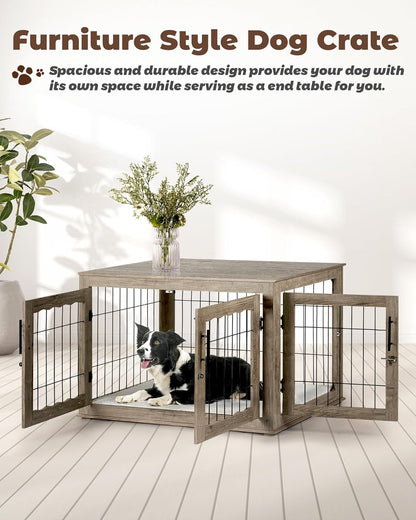 Dog Crate Furniture, 32 Inch Medium Dog Crates with Bed Mat, Wooden Dog Kennel Furniture, End Side Table Dog Cage with 3 Doors, Greige